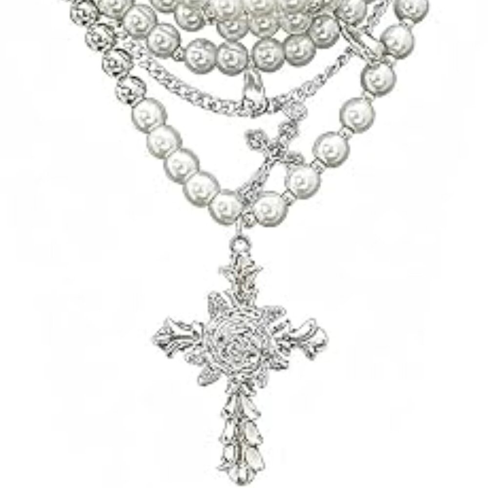 Victorian Layered Pearls and Crosses Necklace Stunning